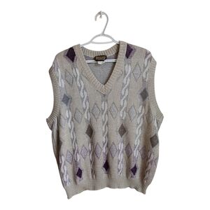 Vintage  90's Style Diamond Knit Sleeveless Sweater Vest in Beige and Purple